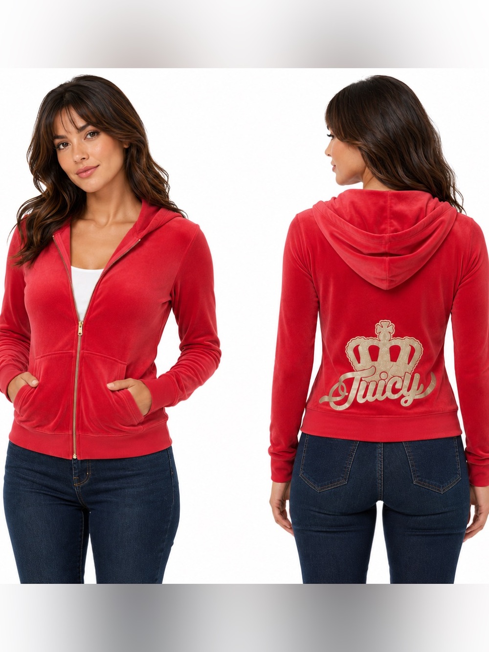 Juicy Couture Velour Track Jacket Hoodie Red Gold Crown Y2K Loungewear Comfy XXL